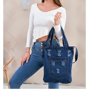 Dark Blue Denim Distressed Bag Handbag Hand Carry or Shoulder NWT Zipper Closure